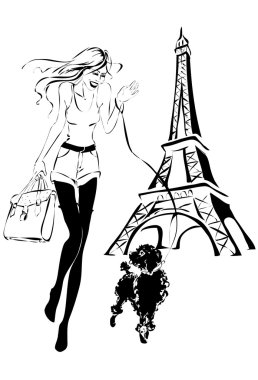 Eiffel Tower yakınındaki küçük köpekli kadın moda