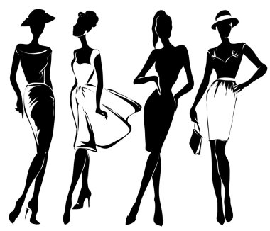 Siyah ve beyaz retro moda modelleri kroki tarzı