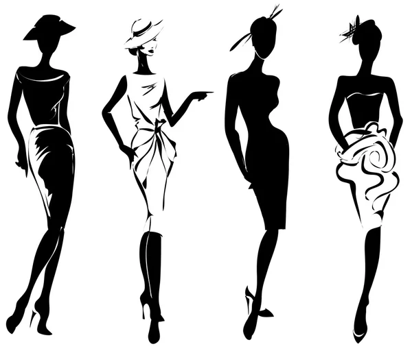 Modelos de moda retro en blanco y negro en estilo sketch — Vector de stock