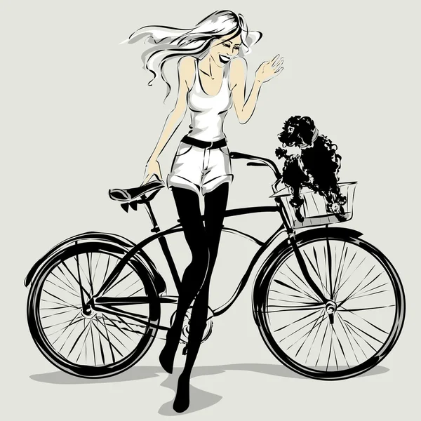 自転車のかごに犬とレトロなファッションの女の子 — ストックベクタ