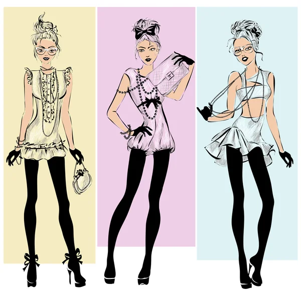 Calle moda mujer modelos en estilo de boceto — Vector de stock