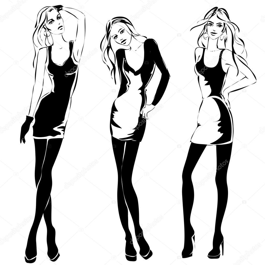 Black and white fashion woman models in sketch style