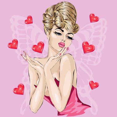 Valentine Day Pin-up sexy woman portrait with hearts