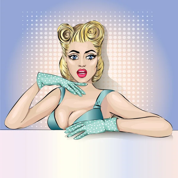 Pin-up mujer preguntando retrato con letrero — Vector de stock