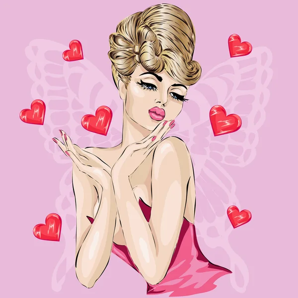 Valentine Day Pin-up sexy woman portrait with hearts — Stock Vector