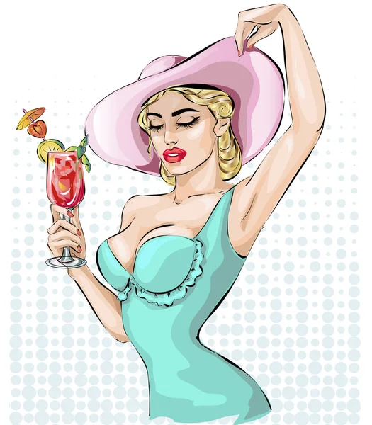 Pin-up femme portant des chapeaux à large bord avec cocktail — Image vectorielle