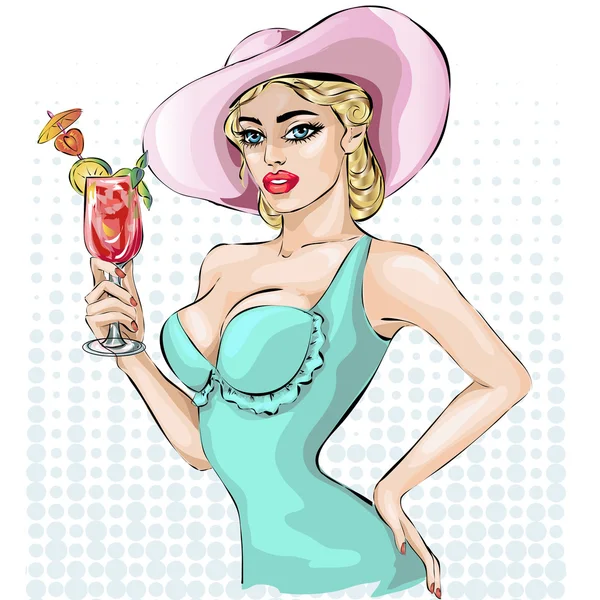 Pin-up vrouw met brede rand hoeden met cocktail — Stockvector