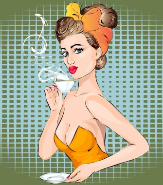 Pop Art woman portrait with morning cup of tea. Pin-up girl clipart