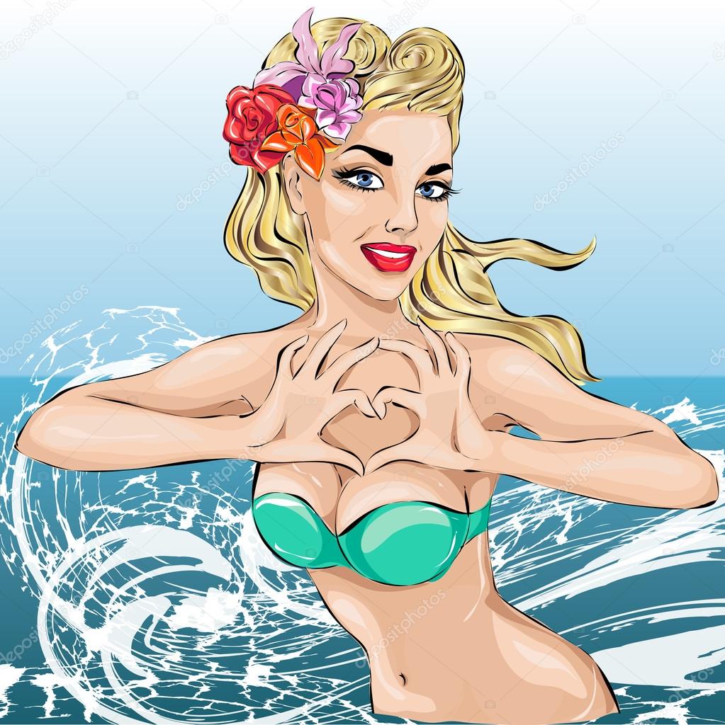 Summer Pin-up sexy woman portrait with hands heart gesture