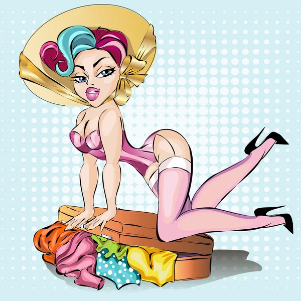 Pin-Up femme sexy en lingerie emballé sa valise de voyage — Image vectorielle