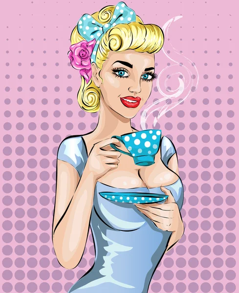 Mujer Pop Art con taza de té por la mañana. Chica pin-up — Vector de stock