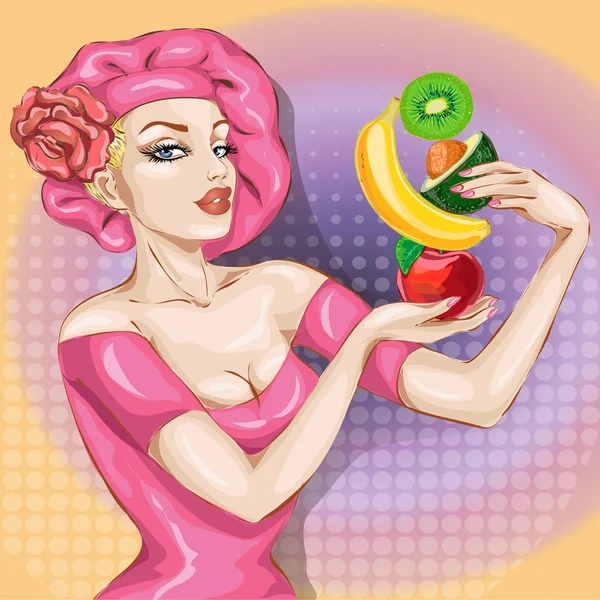 Sexy Pop Art Frauenporträt mit Früchten. Pin-up — Stockvektor