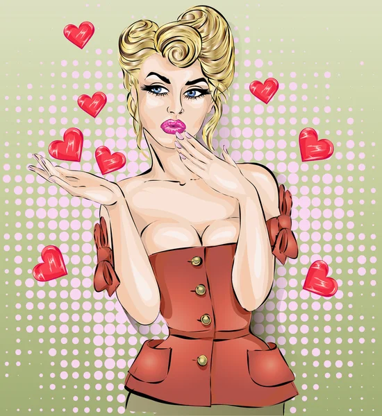 San Valentín Pin-up retrato de mujer sexy con corazones — Vector de stock