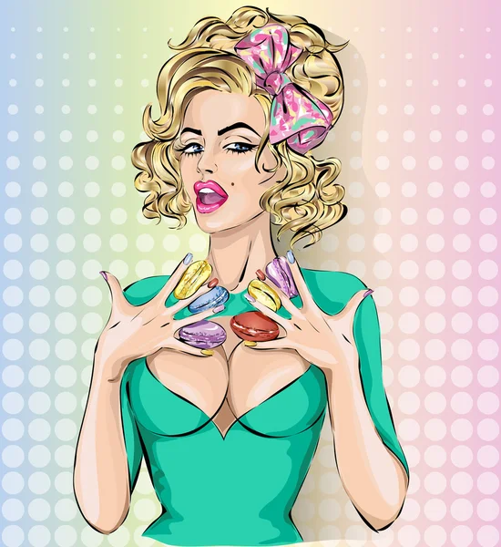 Sexy retrato de mujer de arte pop con macarons. Pin-up — Vector de stock