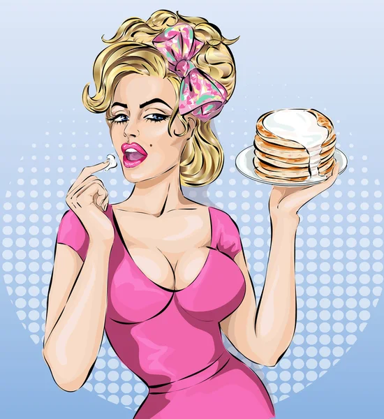 Πορτρέτο γυναίκα σέξι pop art με τηγανίτες. Pin-up — Διανυσματικό Αρχείο