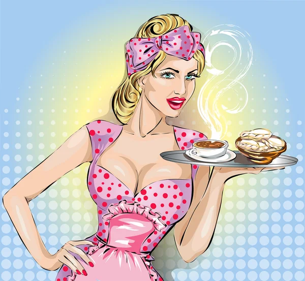 Mujer Pop Art con bandeja de comida. Pin-up chica de moda — Vector de stock