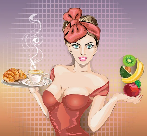 Mulher da Pop Art com bandeja de comida. Pin-up menina da moda — Vetor de Stock