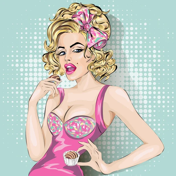 Illustration Pop Art de femme avec bonbons sucrés — Image vectorielle