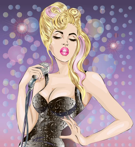 Pop-Art-Illustration einer jungen Frau, die mit Mikrofon in der Hand auf einer Bühne singt. Pin-up-Mädchen — Stockvektor