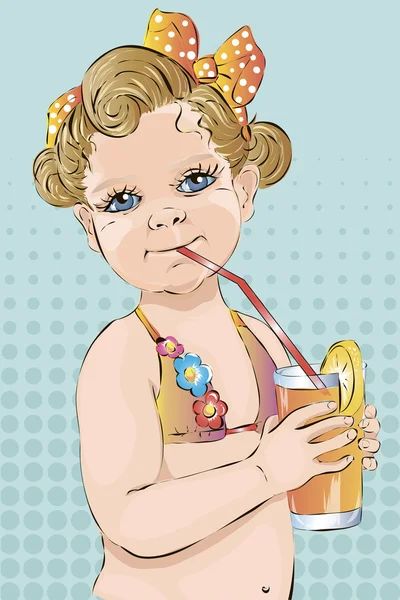 Bébé fille de style rétro avec un verre de jus sur une plage — Image vectorielle
