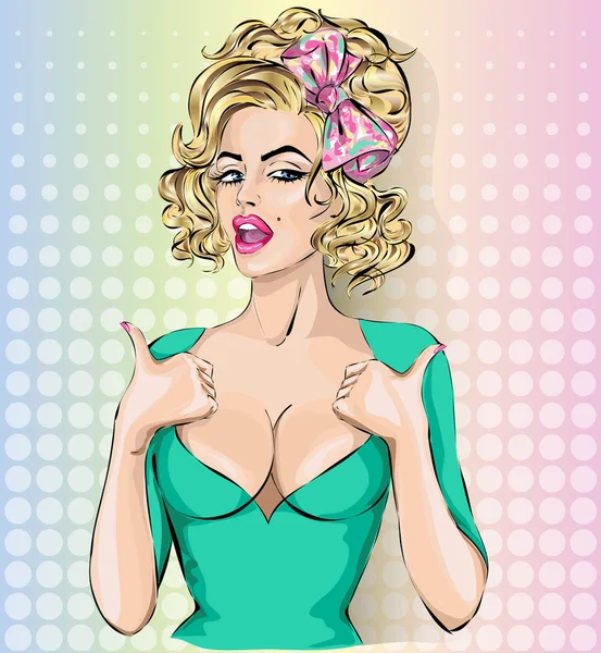 Sexy vrouw popart tonen duimschroef opwaarts handgebaar — Stockvector