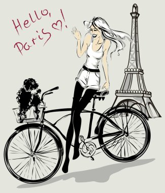Retro moda kız Paris Eiffel kulesinin yakınında bir bisiklet sepetinde köpekle