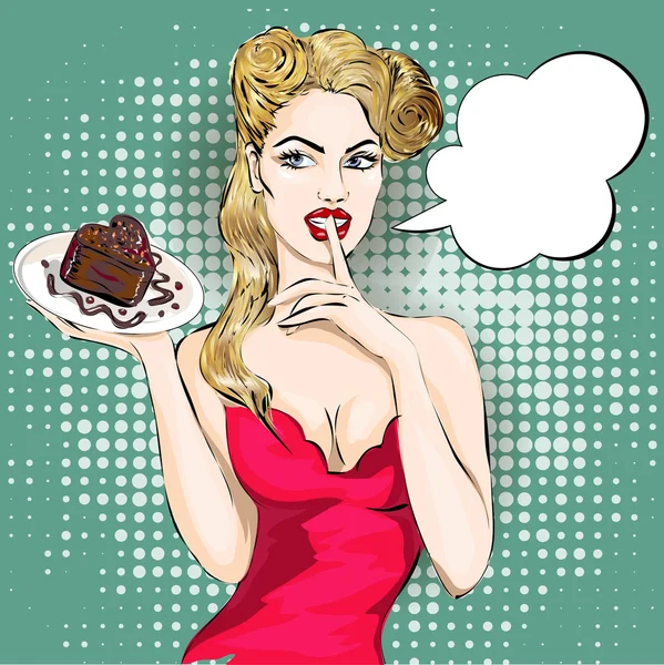 Shhh pop art woman portrait with finger on her lips and cake — Stock Vector