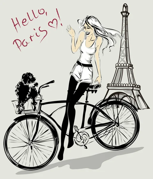 Chica de moda retro con perro en una cesta de bicicletas cerca de la Torre Eiffel, París — Vector de stock