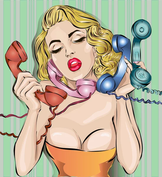 Сексуальная женщина с телефоном отвечает на звонки — стоковый вектор