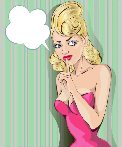 Pop art pin-up woman with finger on her lips. Silence Gesture — Stock Vector