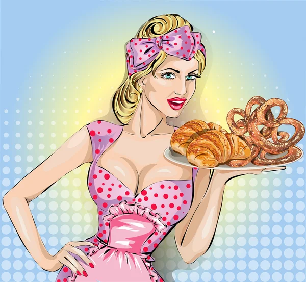 Mulher da Pop Art com bandeja de comida. Pin-up menina da moda —  Vetores de Stock