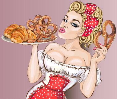 Pop Art kadın yemek tepsisi ile. Pin-up seksi kızı