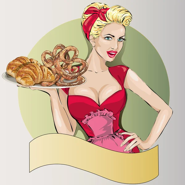 Mulher da Pop Art com bandeja de comida. Pin-up menina da moda, esposa sexy — Vetor de Stock