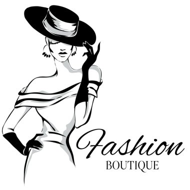 Moda butik logolu siyah ve beyaz kadın siluet vektör
