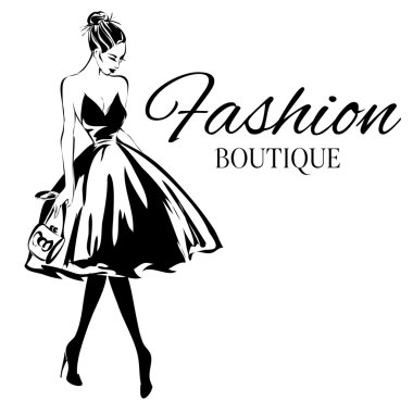 Moda butik logolu siyah ve beyaz kadın siluet vektör