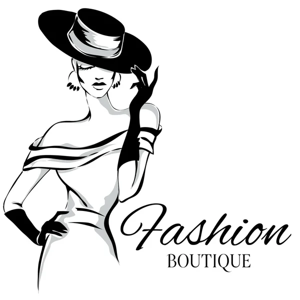 Logotipo boutique de moda con vector de silueta de mujer en blanco y negro — Vector de stock