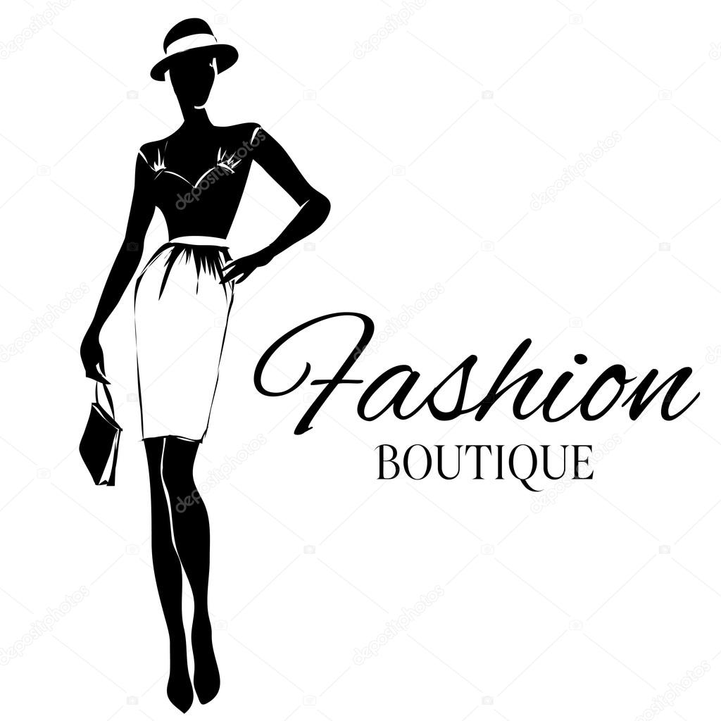 Fashion boutique logo with black and white woman silhouette. Hand drawn vector illustration