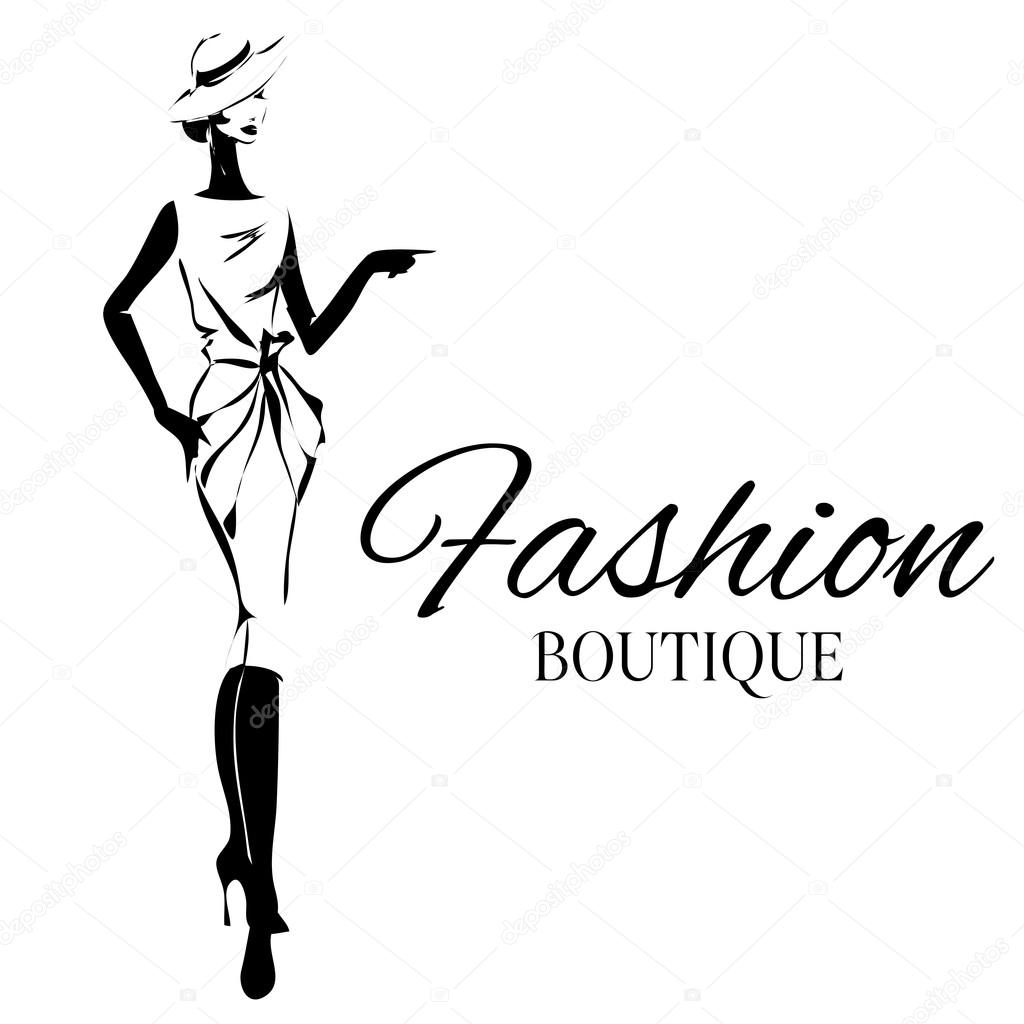 Fashion boutique logo with black and white woman silhouette. Hand drawn vector illustration