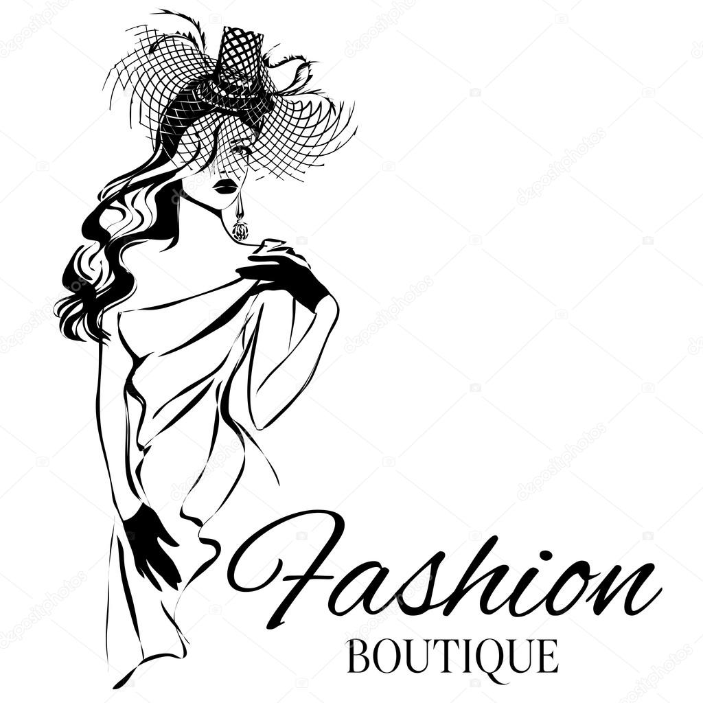 Fashion boutique logo with black and white woman silhouette. Hand drawn vector illustration