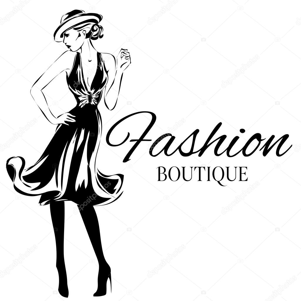 Fashion boutique logo with black and white woman silhouette. Hand drawn vector illustration