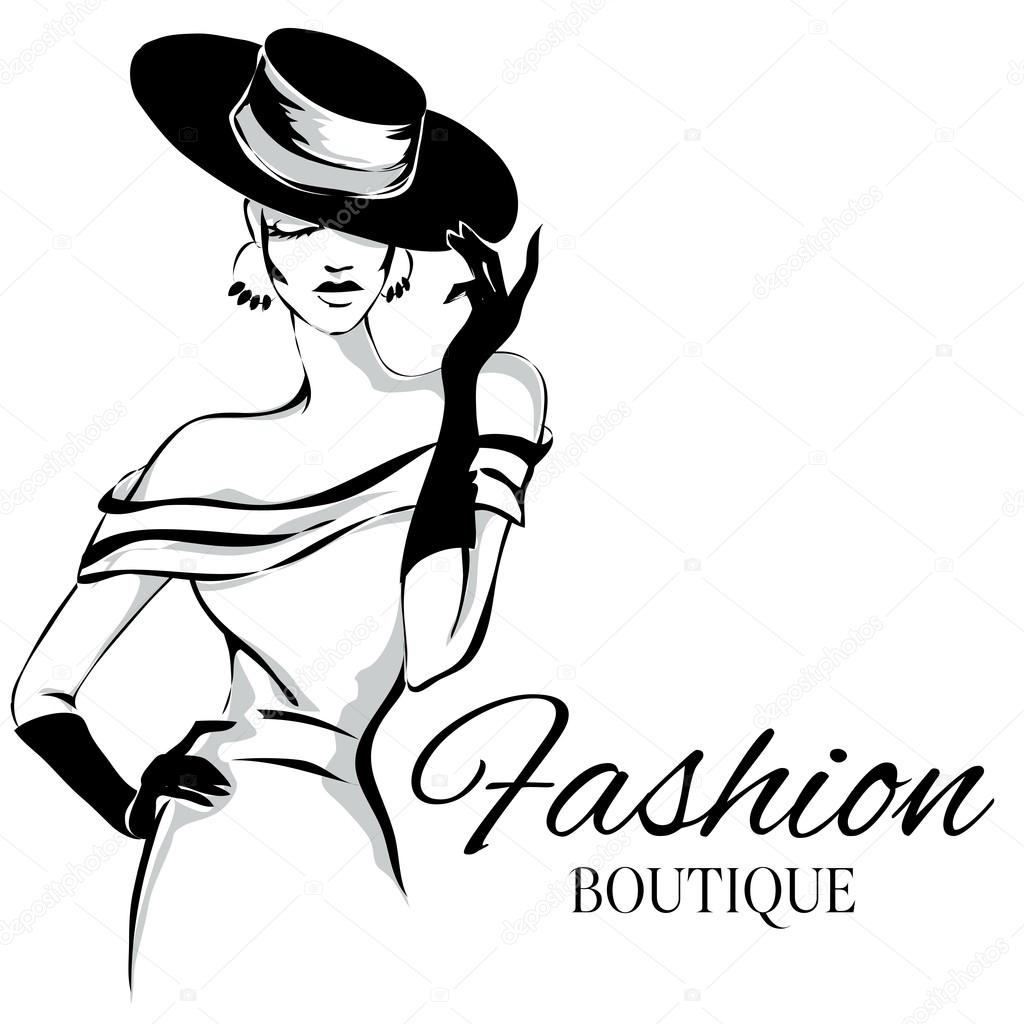 Fashion boutique logo with black and white woman silhouette. Hand drawn vector illustration