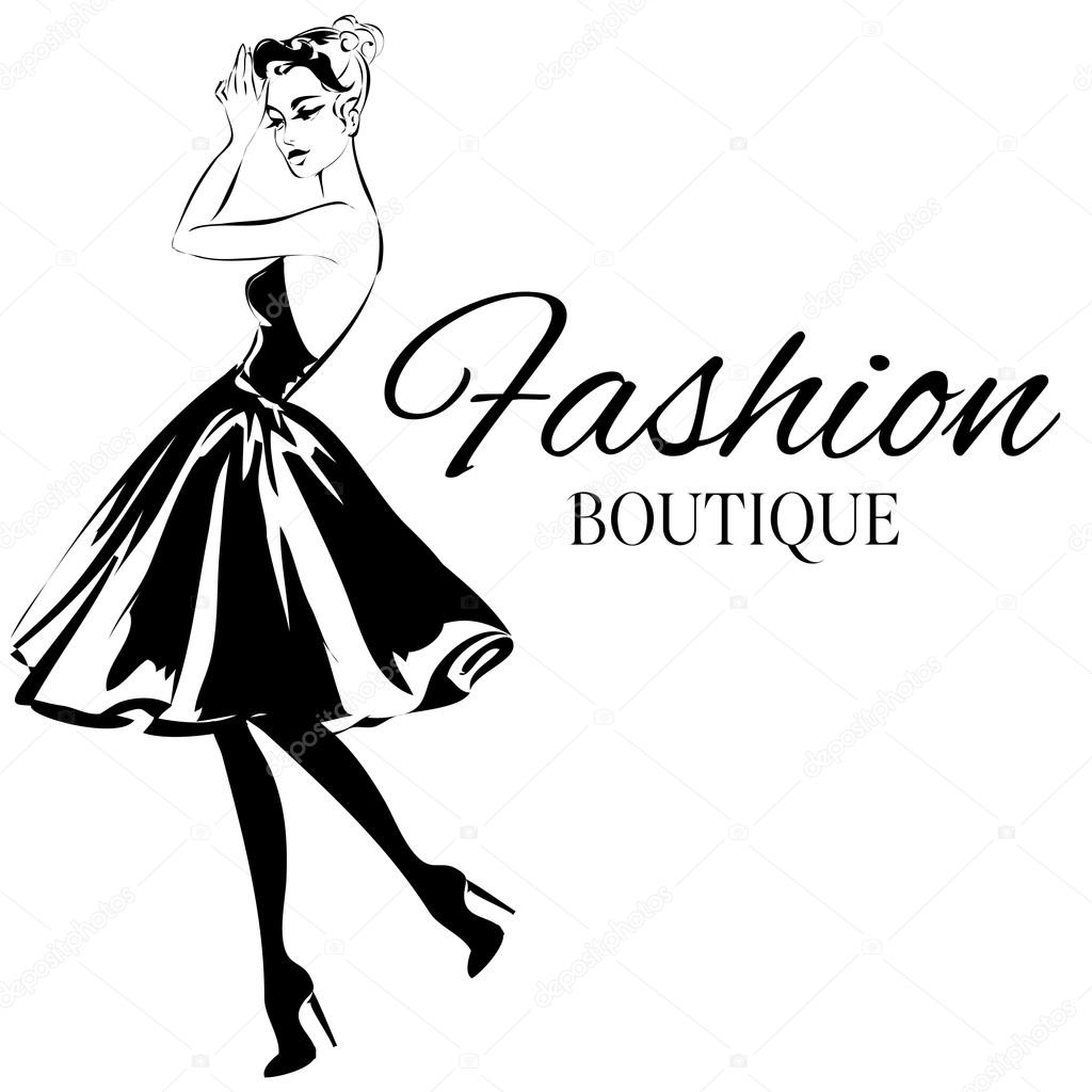 Fashion boutique logo with black and white woman silhouette. Hand drawn vector illustration