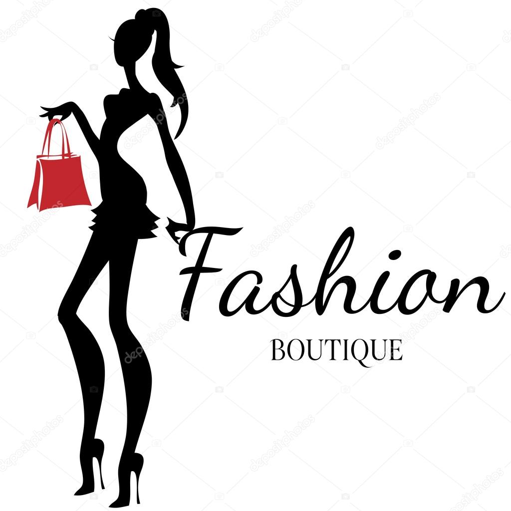 Fashion boutique logo with black and white woman silhouette. Hand drawn vector illustration