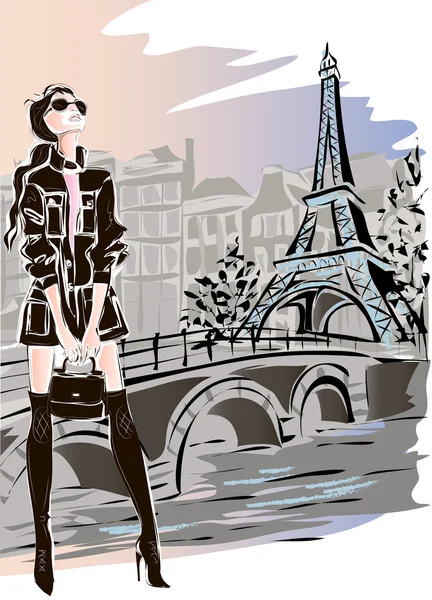 Mujer de moda en París cerca de la Torre Eiffel — Vector de stock