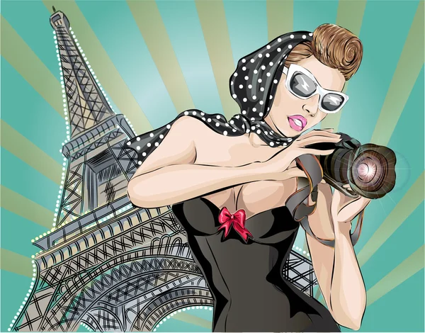 Сексуальная женщина в черном снимает на камеру возле Эйфелевой башни в Париже. Поп-арт — стоковый вектор