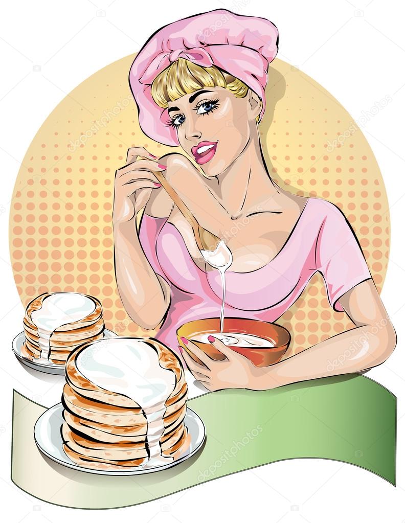 Pin-up cook woman in pink dress kneads the pancakes dough. Fashion, sexy  wife, hand drawn vector Stock Vector by ©SofiaPink 121398032