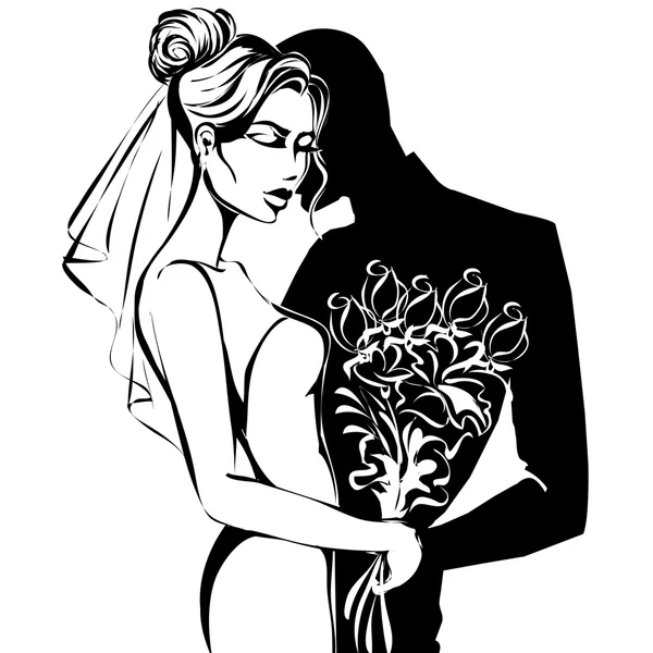 Esküvő házaspár, boldog menyasszony és a vőlegény, fekete-fehér sziluettjét, vektor — Stock Vector