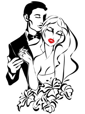 Düğün çift, mutlu gelin ve damat, tek renkli siluet vektör