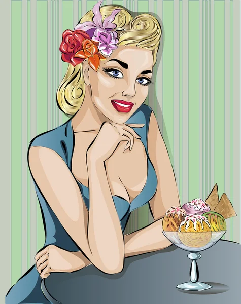 Hermosa mujer con flores en su cabello rubio sentada en la cafetería, come helado. Pop-Art, Pin-Up ilustración vectorial dibujado a mano — Vector de stock