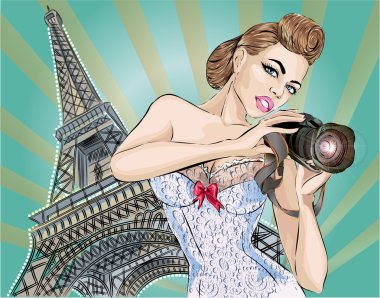 Pin-up seksi kadın Paris'te Eyfel Kulesi yakınındaki fotoğraf makinesinde fotoğraf çeker